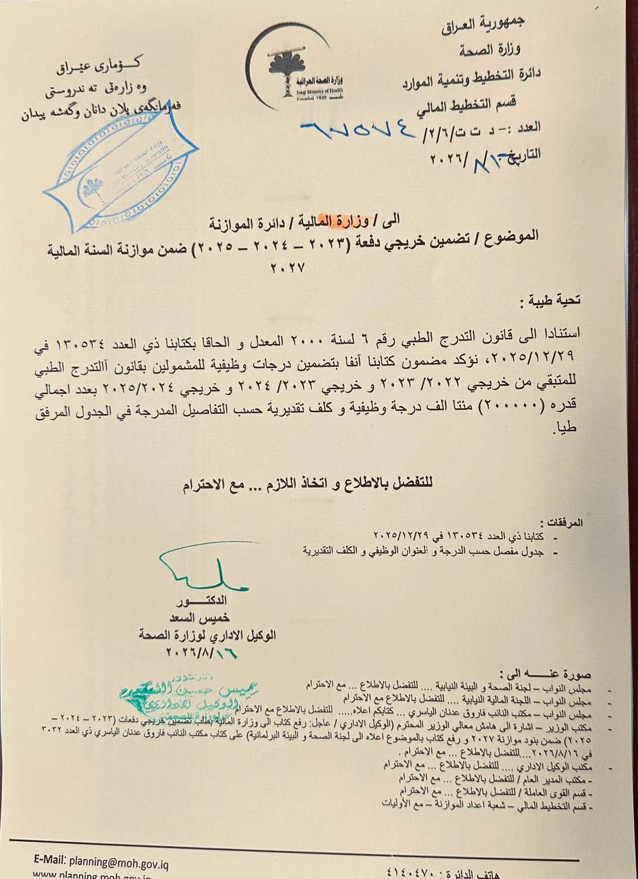 الصحة تطالب المالية بتخصيص 200 ألف درجة وظيفية لخريجي التدرج الطبي